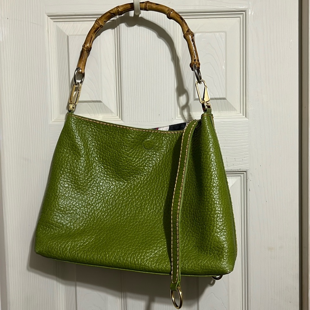 Green Leather Shoulder Bag with Bamboo Handle